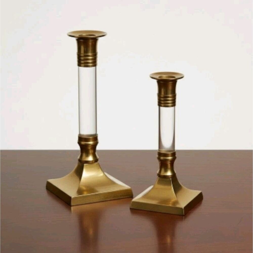 Vintage Brass & Lucite Acrylic MCM Candlestick Holders 7½" 6¼" Set Of 2